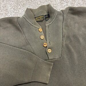 Vintage Eddie Bauer Henley Sweater Mens XL Olive Green Ribbed Cotton Mock Neck